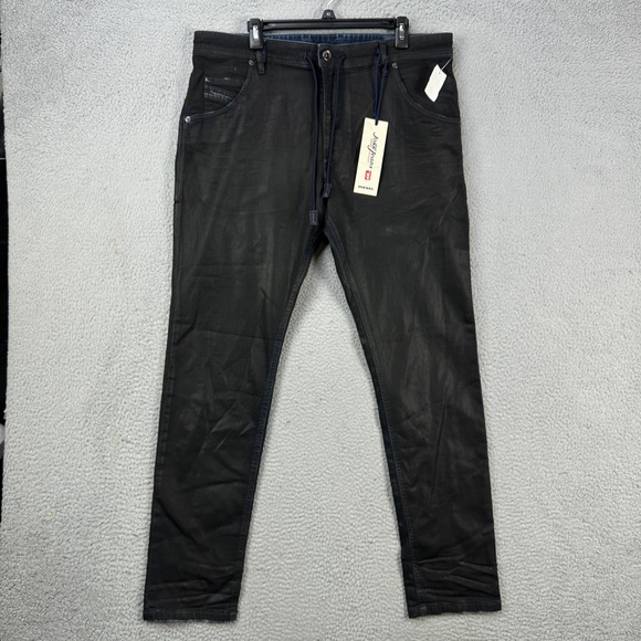 Diesel Krooley Mens Jogg Jeans 36 Black Wax Coated Pocket Stretch Drawstring NEW